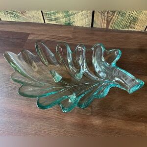 Teal Blue Glass Leaf Shaped Art Bowl 3 Footed Candy Nut Relish Dish Clear Color